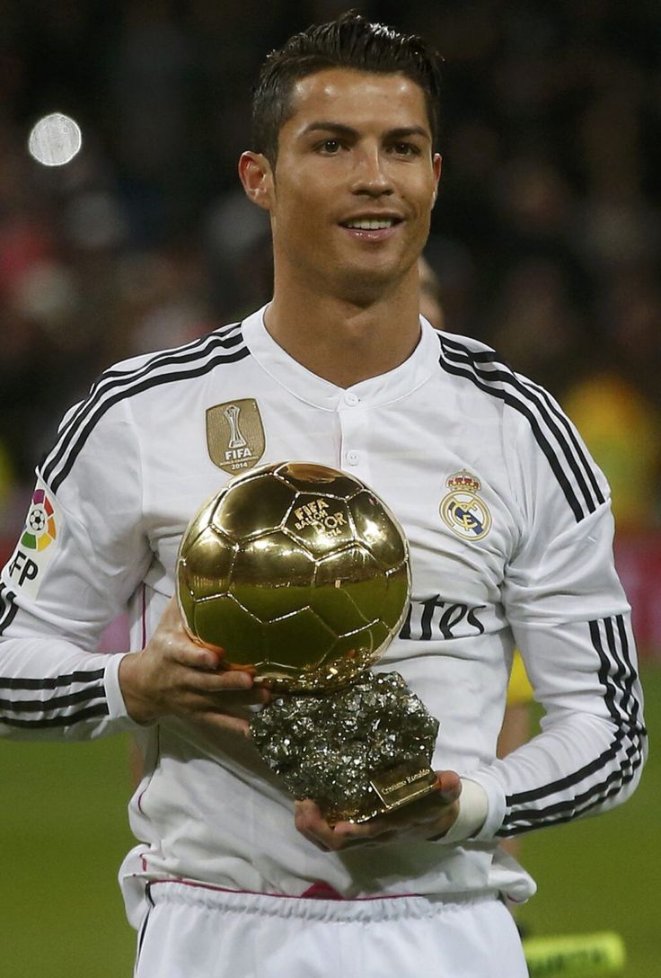 Cristiano Ronaldo holding his 2014 FIFA Ballon d'Or trophy in a Real Madrid shirt