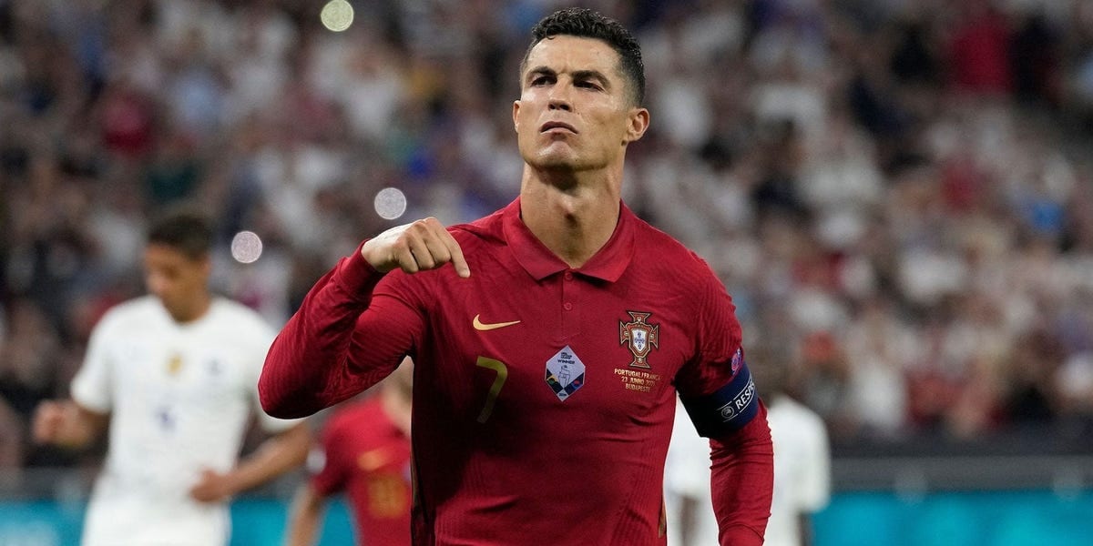Cristiano Ronaldo celebrating for Portugal in the captain's armband at Euro 2020