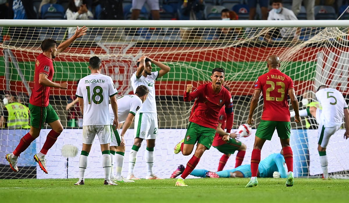 Cristiano Ronaldo celebrating his 110th international goal, for Portugal against Ireland in Faro in 2021